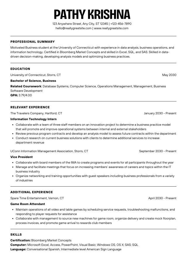 Full-page preview of the Simple ATS CV template layout