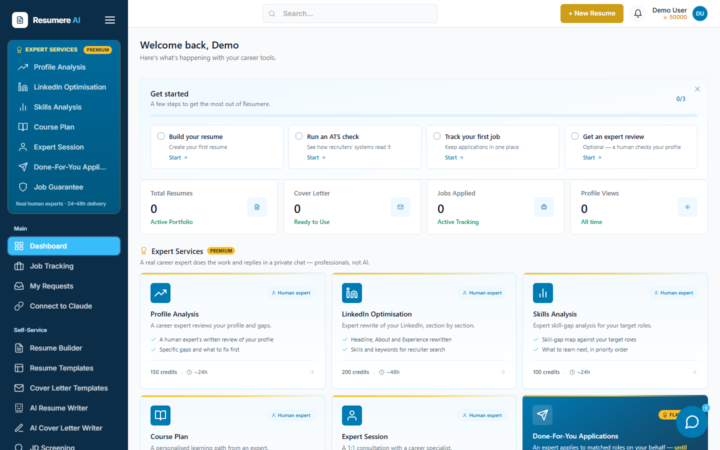 Resumere dashboard after signing in, with the sidebar on the left