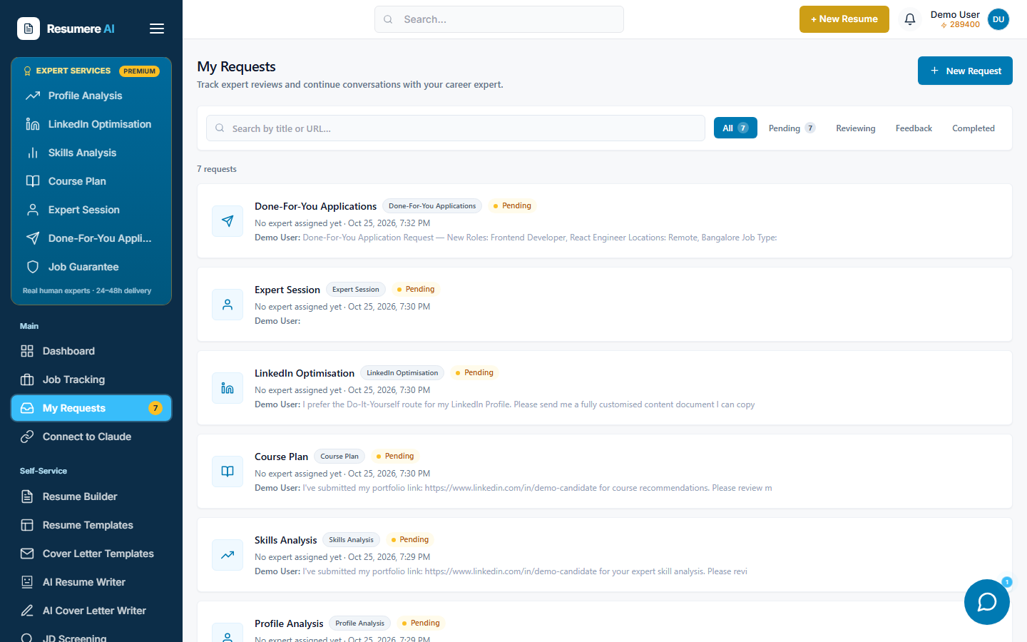 The My Requests page listing the LinkedIn Optimisation request and its status