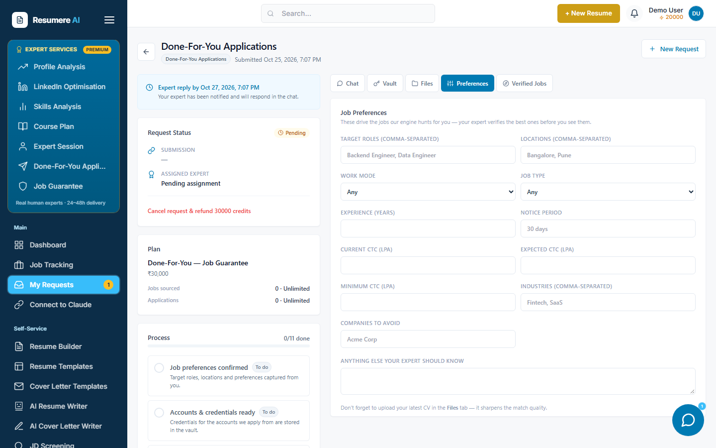 The request page Preferences tab with fields for roles, locations and salary