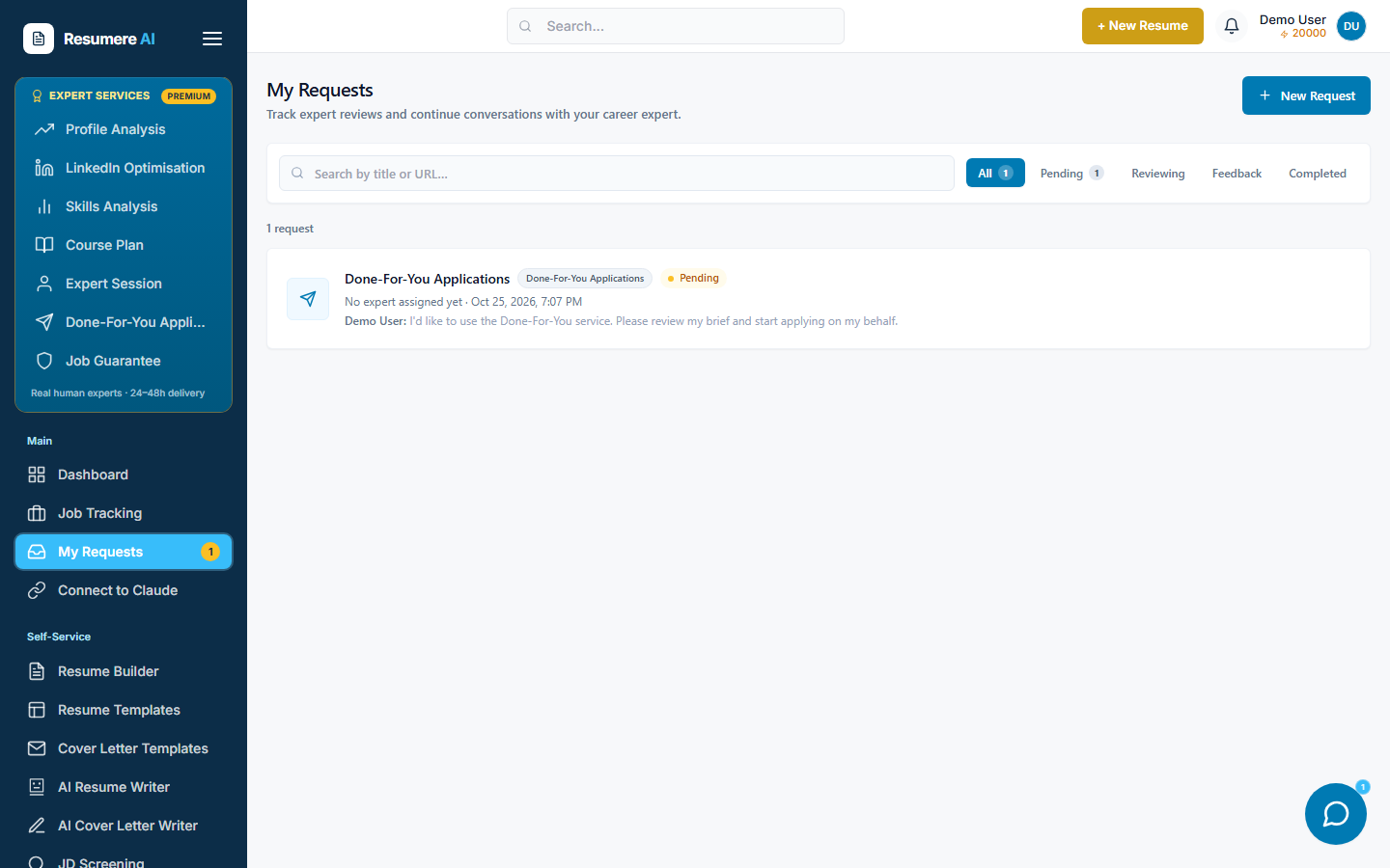 The My Requests page showing the active Job Guarantee request and its status