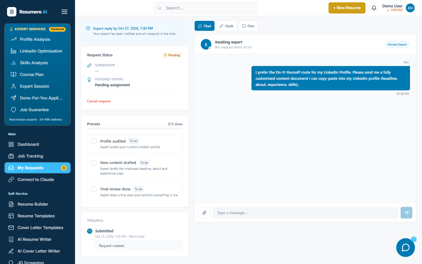 The LinkedIn Optimisation request page with status and the expert chat