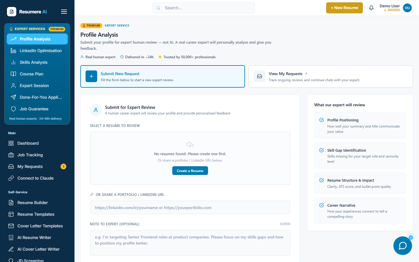 The Profile Analysis page with the review form and the 'What our expert will review' panel