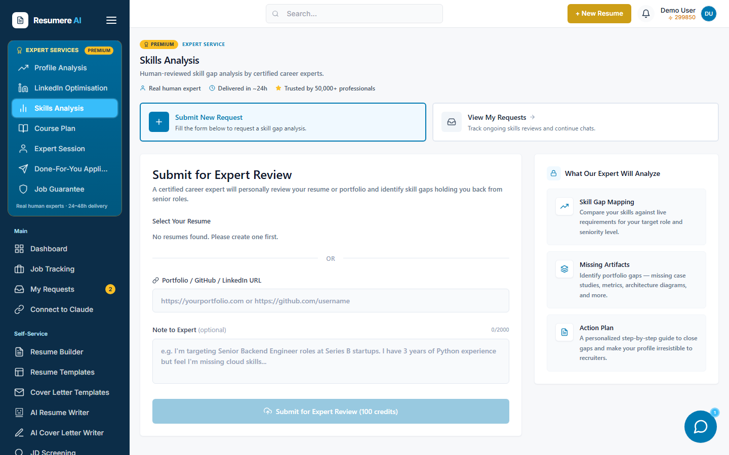 The Skills Analysis page with the submission form and the review panel